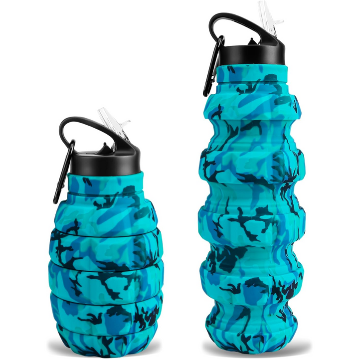 Space-saving collapsible silicone water bottle, 19oz, your perfect travel companion.