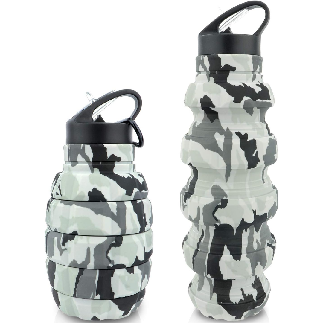 Foldable 19 fl oz silicone water bottle, designed for travel convenience & hydration needs.