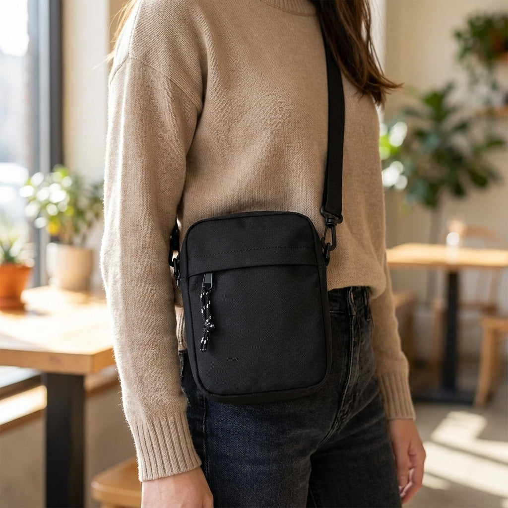 Unisex compact waterproof crossbody bag for secure everyday carry. Lightweight nylon shoulder bag, ideal for travel.