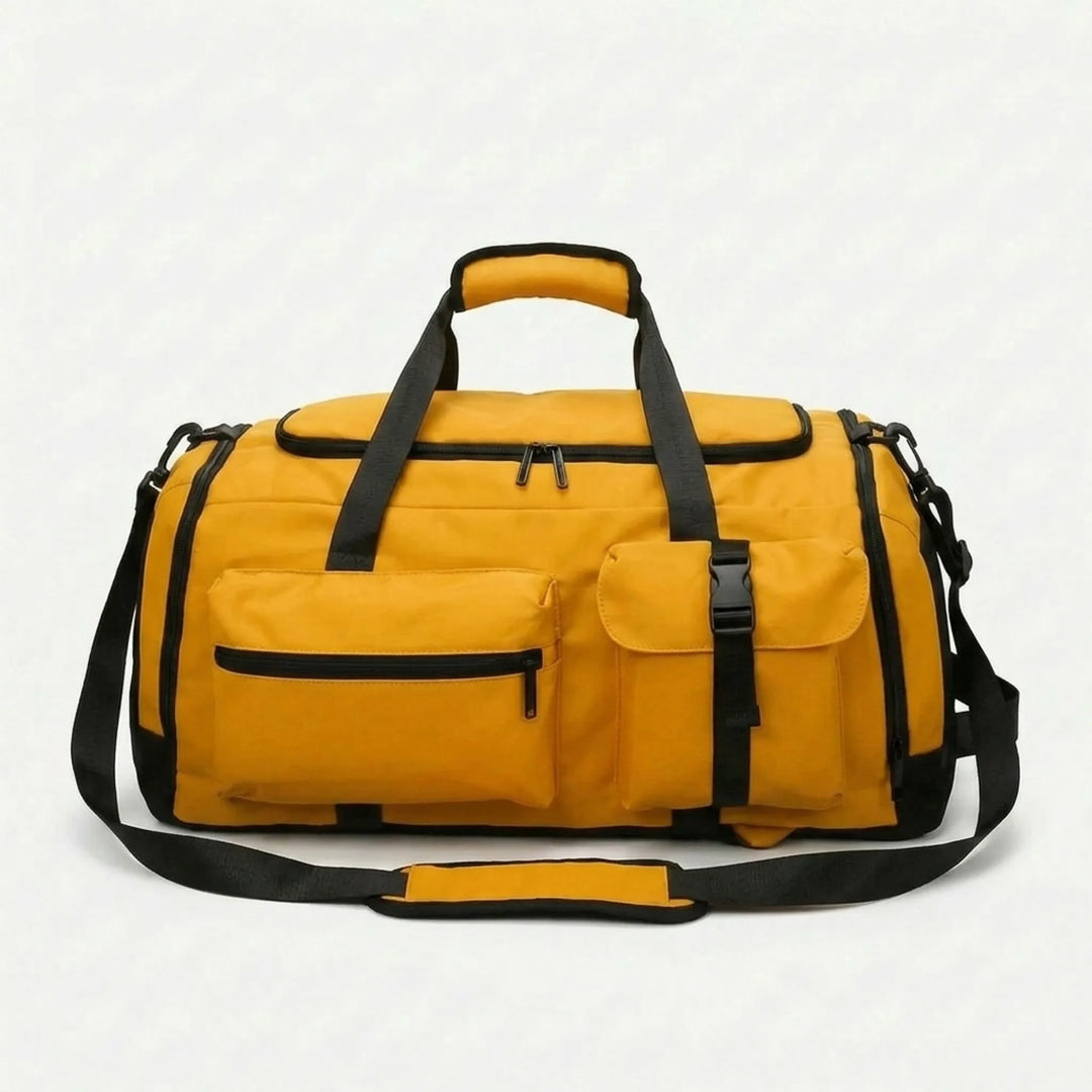 Durable Oxford fabric sports duffel backpack, convertible design, multiple compartments for gym gear & travel.