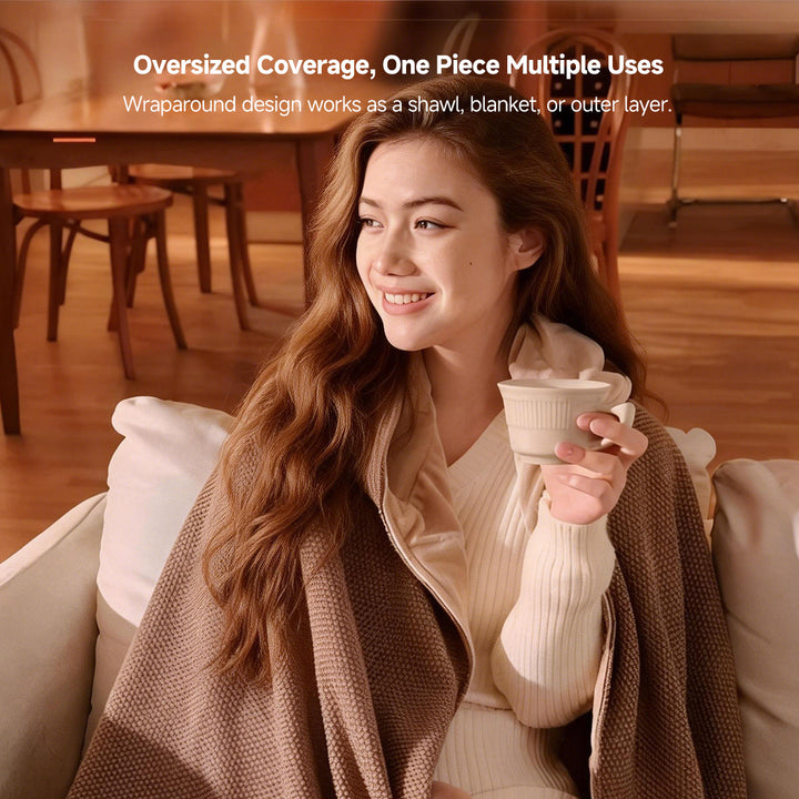 Heated shawl on a chair, ready for use, emphasizing office comfort and warmth during cold seasons