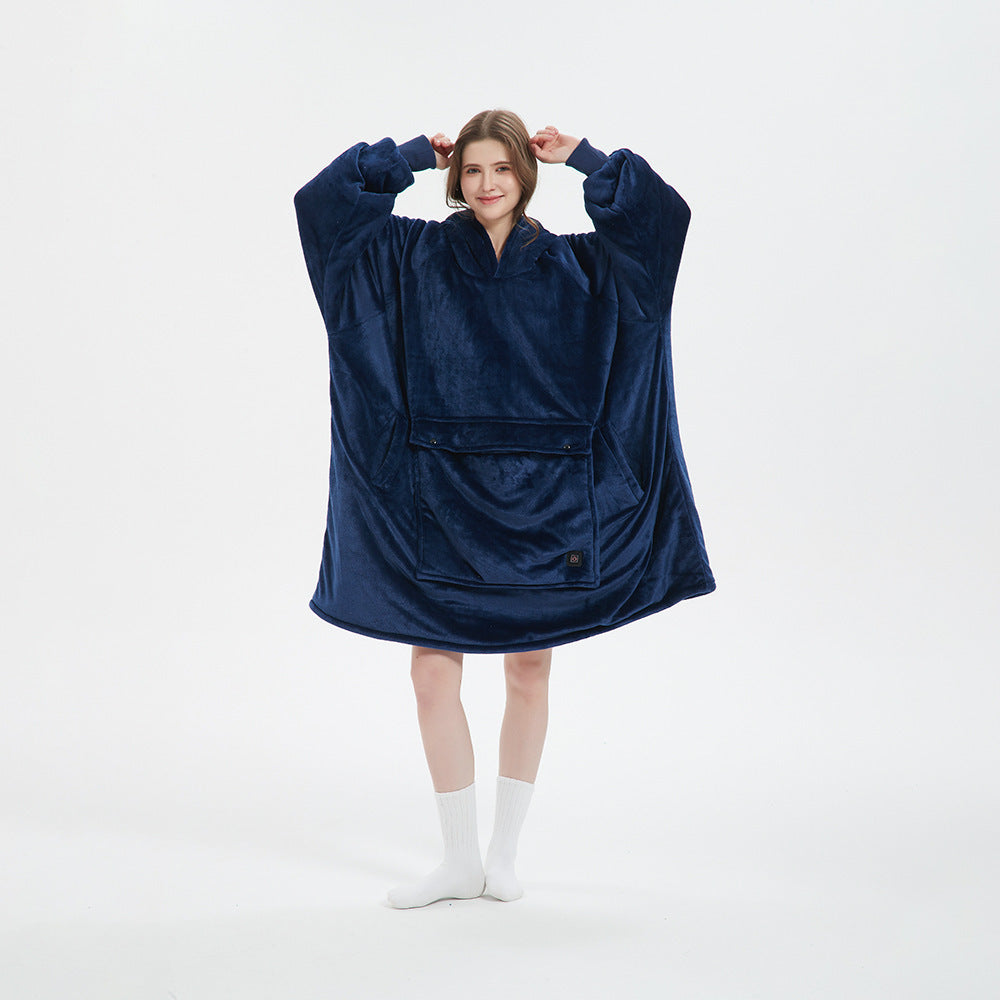 Unisex cordless heated flannel hoodie blanket folded neatly, highlighting its compact and portable design for winter.