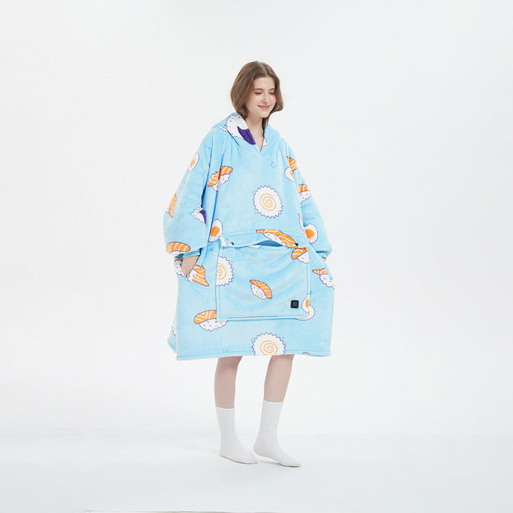 View from above of someone wearing a flannel hoodie blanket, emphasizing its generous, oversized fit and warmth.