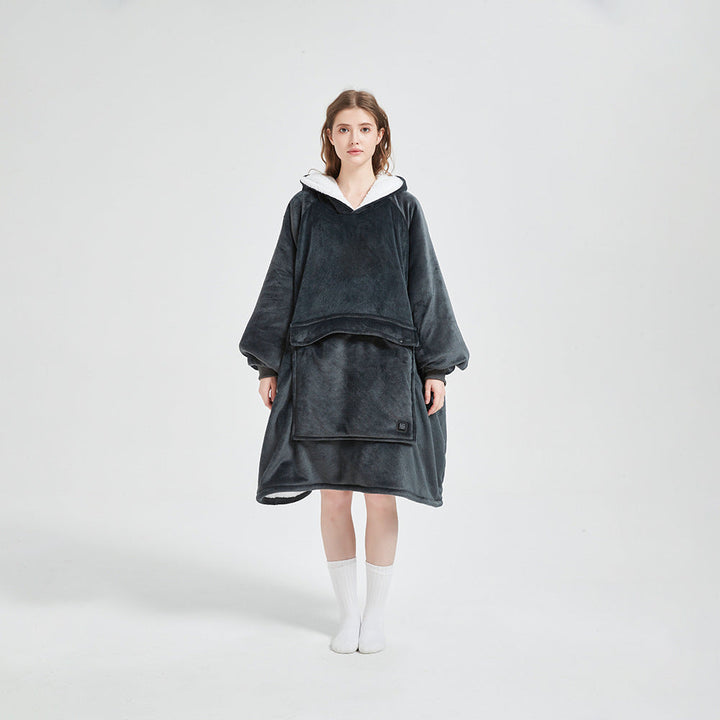 Stylish unisex heated flannel hoodie blanket in a trendy color, offering both warmth and fashion for winter.