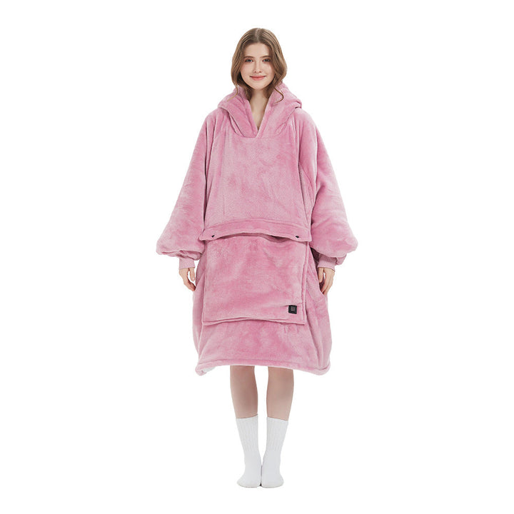 Close-up of the hood on an oversized flannel heated blanket, illustrating its extra warmth and comfort for cold weather.