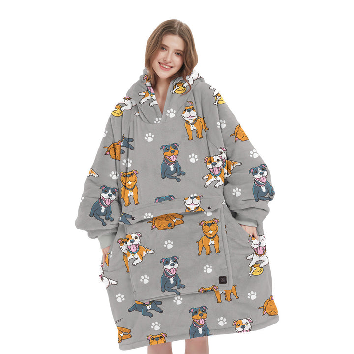 Unisex flannel heated hoodie blanket with adjustable drawstring, ensuring a snug fit and maximum winter warmth.