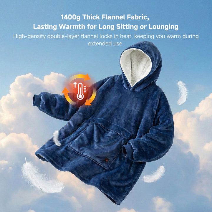 Close-up of the soft flannel fabric on a unisex heated hoodie blanket, showcasing its plush texture and warmth.