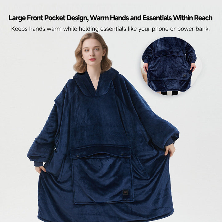 Unisex flannel heated blanket hoodie in a neutral color, offering convenient cordless warmth for chilly evenings.