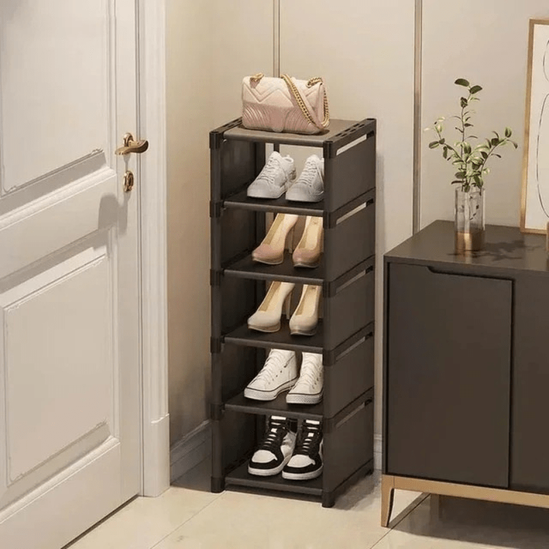 Compact corner shoe rack, essential for tiny apartments and maximizing small areas. Dorm room shoe storage.