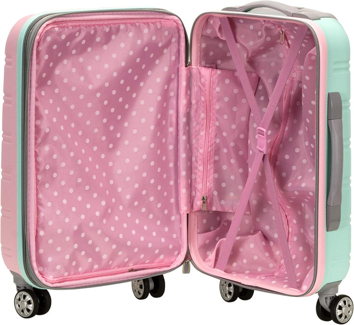 Vibrant Cotton Candy two-tone hardside carry-on, expandable, lightweight travel bag with spinner wheels.