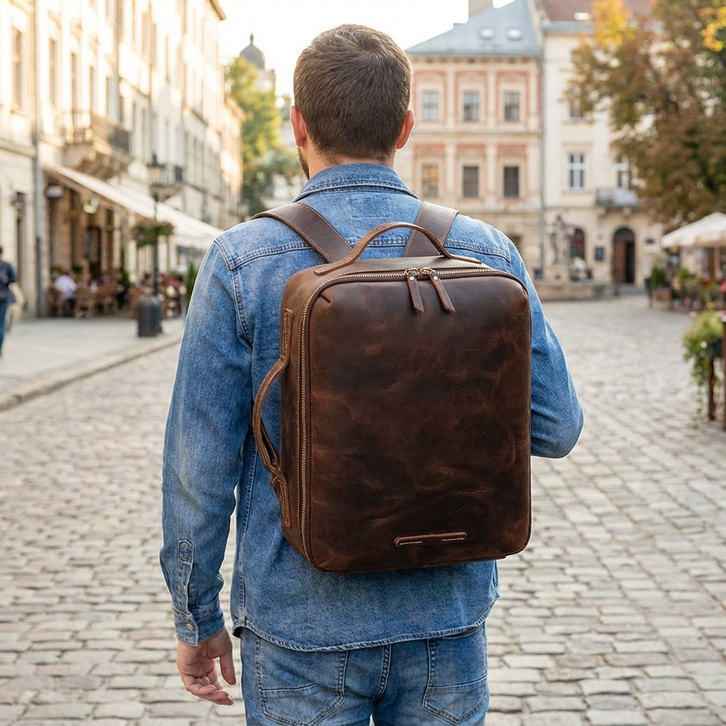 Unisex Crazy Horse leather anti-theft backpack, perfect for daily carry or travel, fits laptops. Durable & stylish.