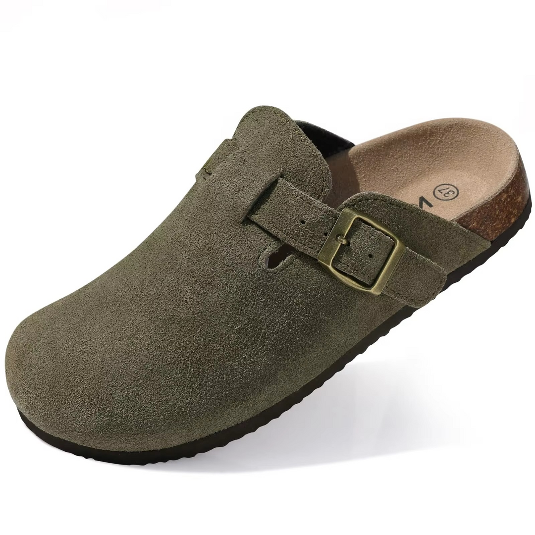 Person wearing comfortable unisex slip-on clogs for casual errands; cushioned design.