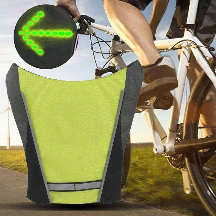 Unisex cycling signal light vest with remote, enhancing night riding safety and visibility with LED signals.