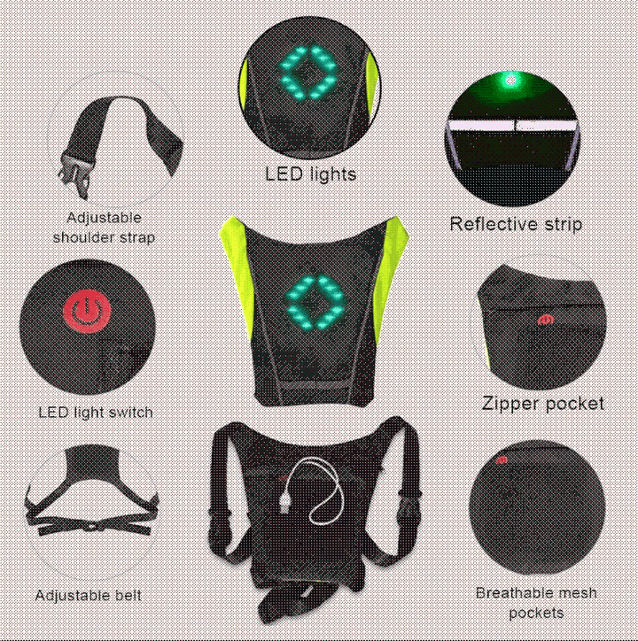 High-visibility cycling safety gear: unisex vest with integrated, remote-activated signal lights for bikes.