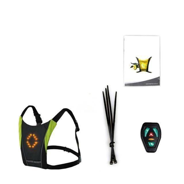Durable cycling signal vest for cyclists, offering remote-controlled LED lights and high visibility for bike safety.