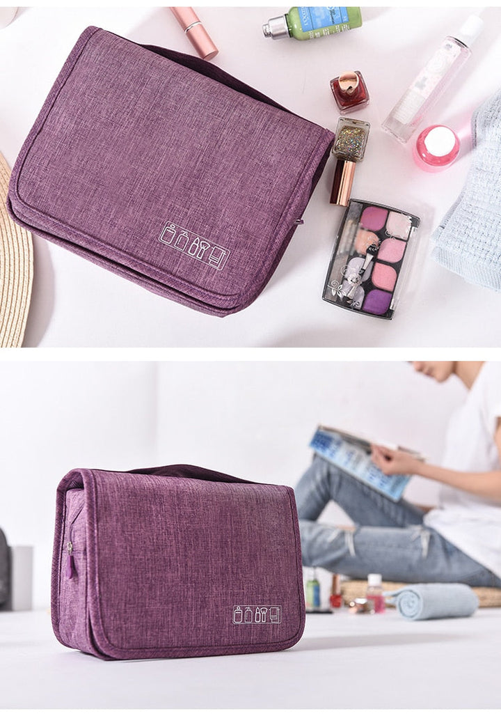 Deluxe hanging wash bag for travelers, keeps toiletries secure and accessible.