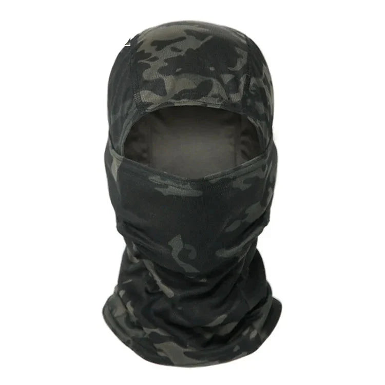 Close-up of the breathable mesh fabric on a tactical camo balaclava, multi-season comfort