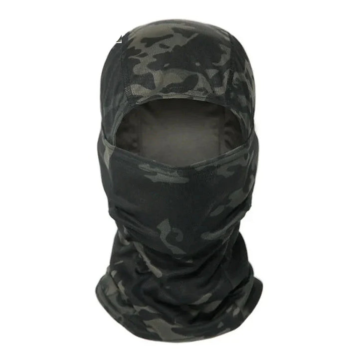 Close-up of the breathable mesh fabric on a tactical camo balaclava, multi-season comfort