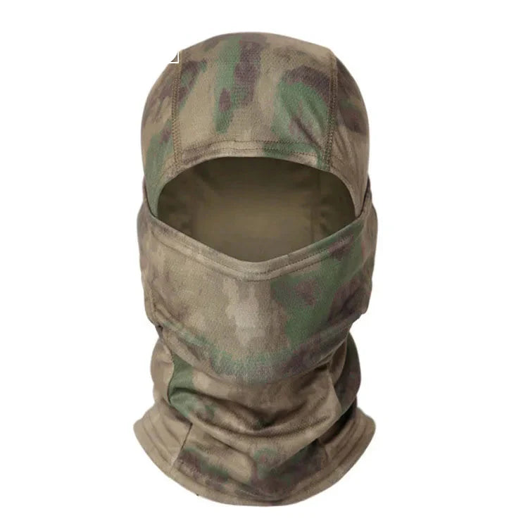 Military-style tactical face cover in a distinct winter camouflage pattern, ultimate protection