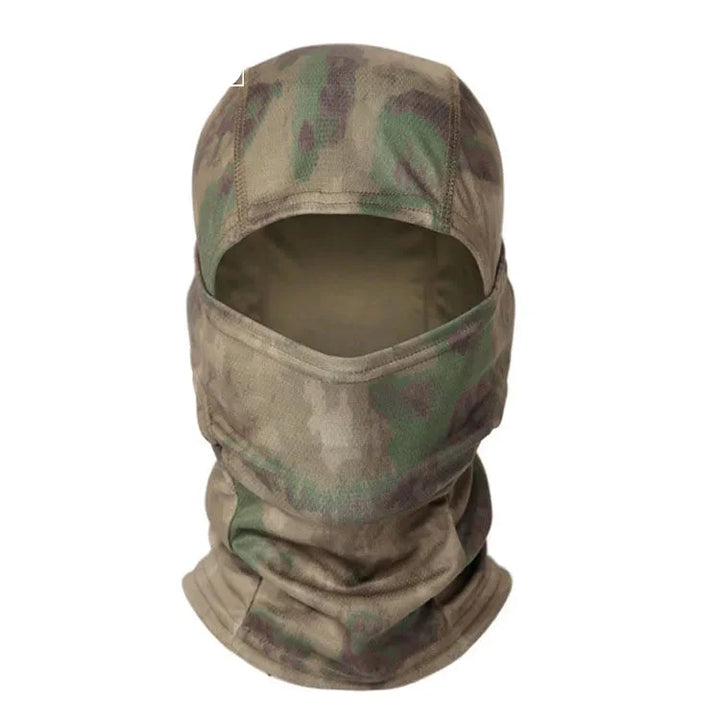 Military-style tactical face cover in a distinct winter camouflage pattern, ultimate protection