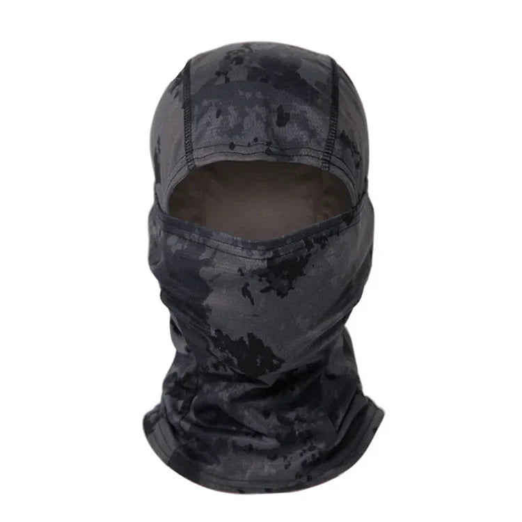 Unisex black tactical balaclava with subtle camo details, ideal for covert operations & airsoft