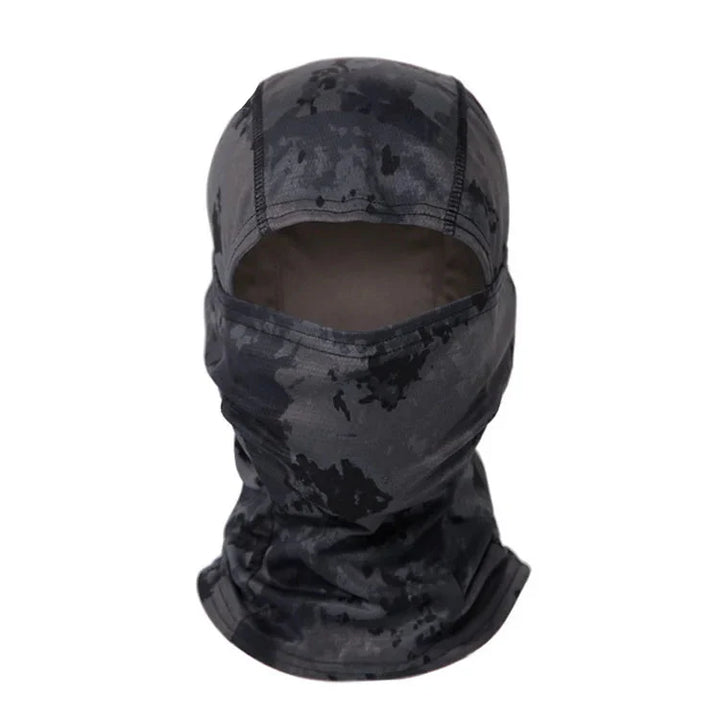 Unisex black tactical balaclava with subtle camo details, ideal for covert operations & airsoft