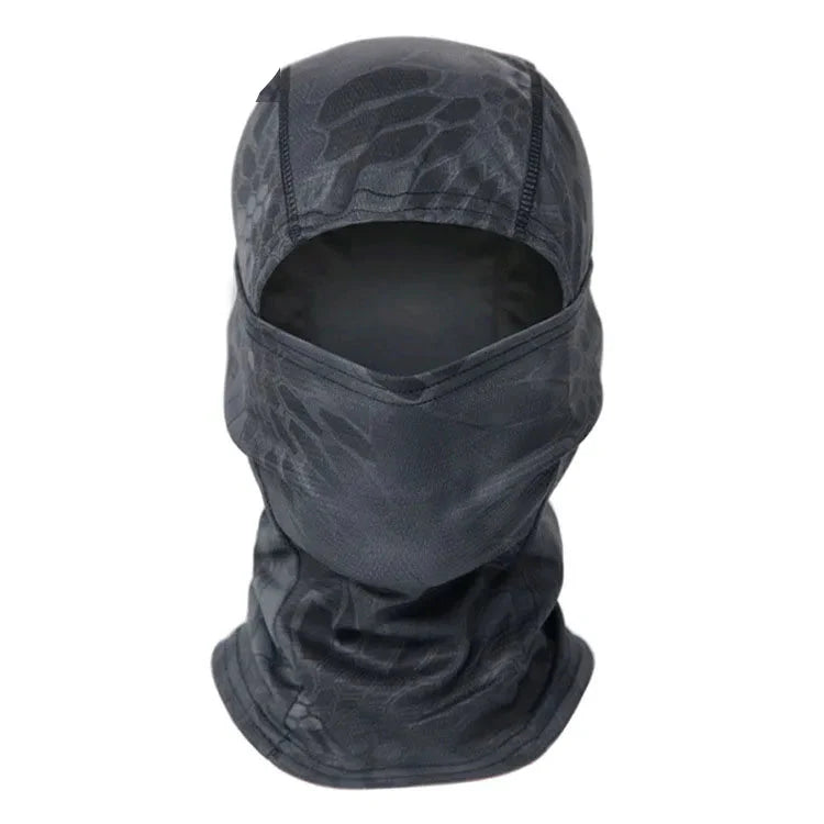 Person wearing a tactical green camo balaclava, demonstrating full head and neck coverage