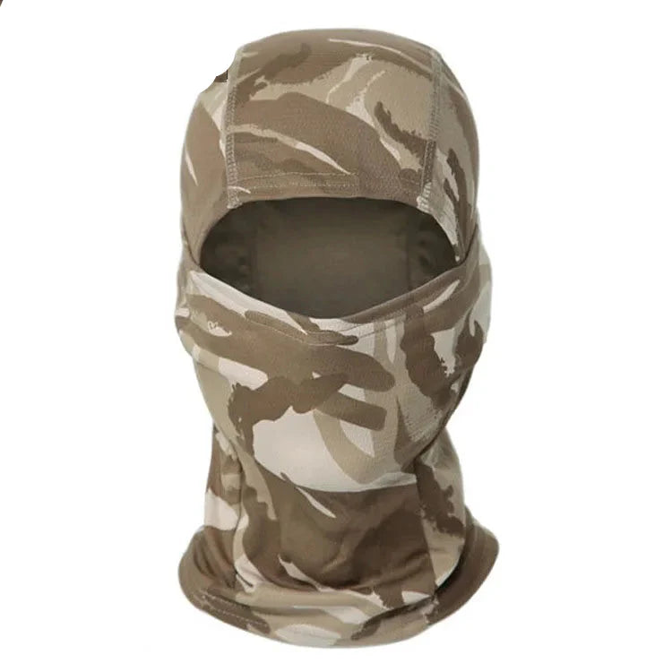All-season tactical balaclava in muted earth-tone camouflage, perfect for wildlife observation