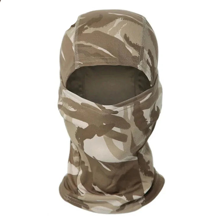 All-season tactical balaclava in muted earth-tone camouflage, perfect for wildlife observation