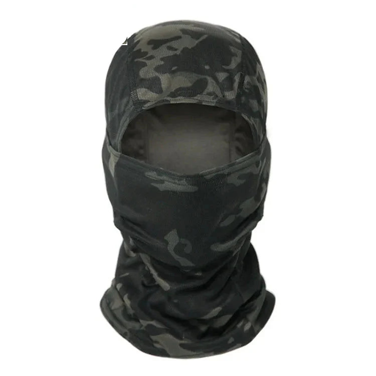 Close-up of military camouflage tactical balaclava, showing breathable fabric detail
