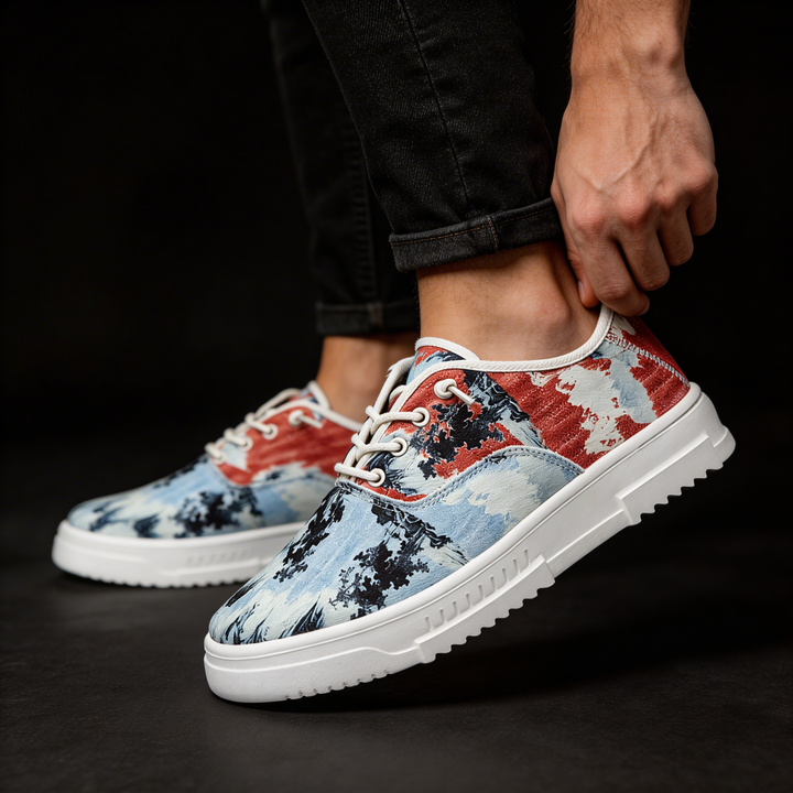 Unisex Distinctive Pattern Comfort Sneakers, full view. Unique, stylish everyday footwear.