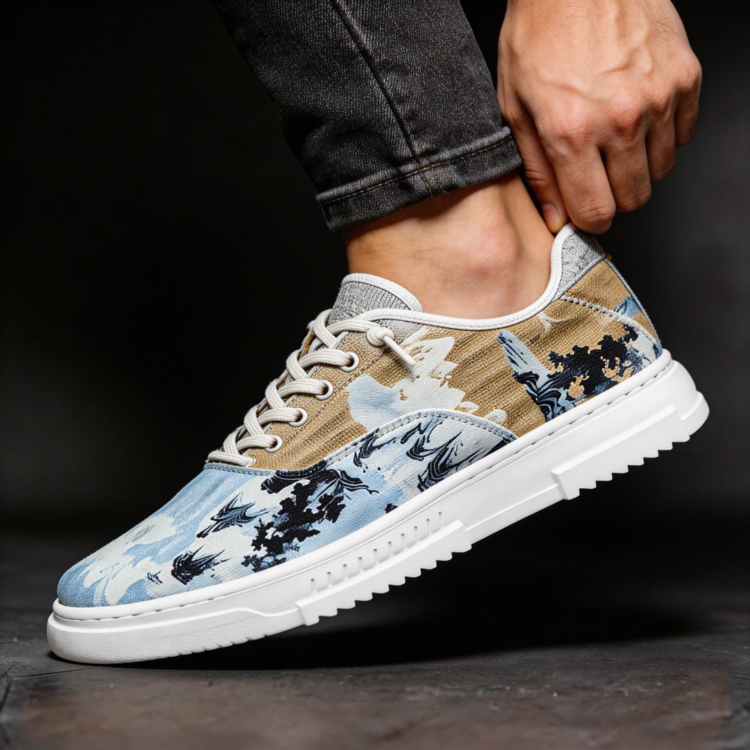Side view of stylish unisex comfort sneakers with distinctive pattern for casual athletic wear.