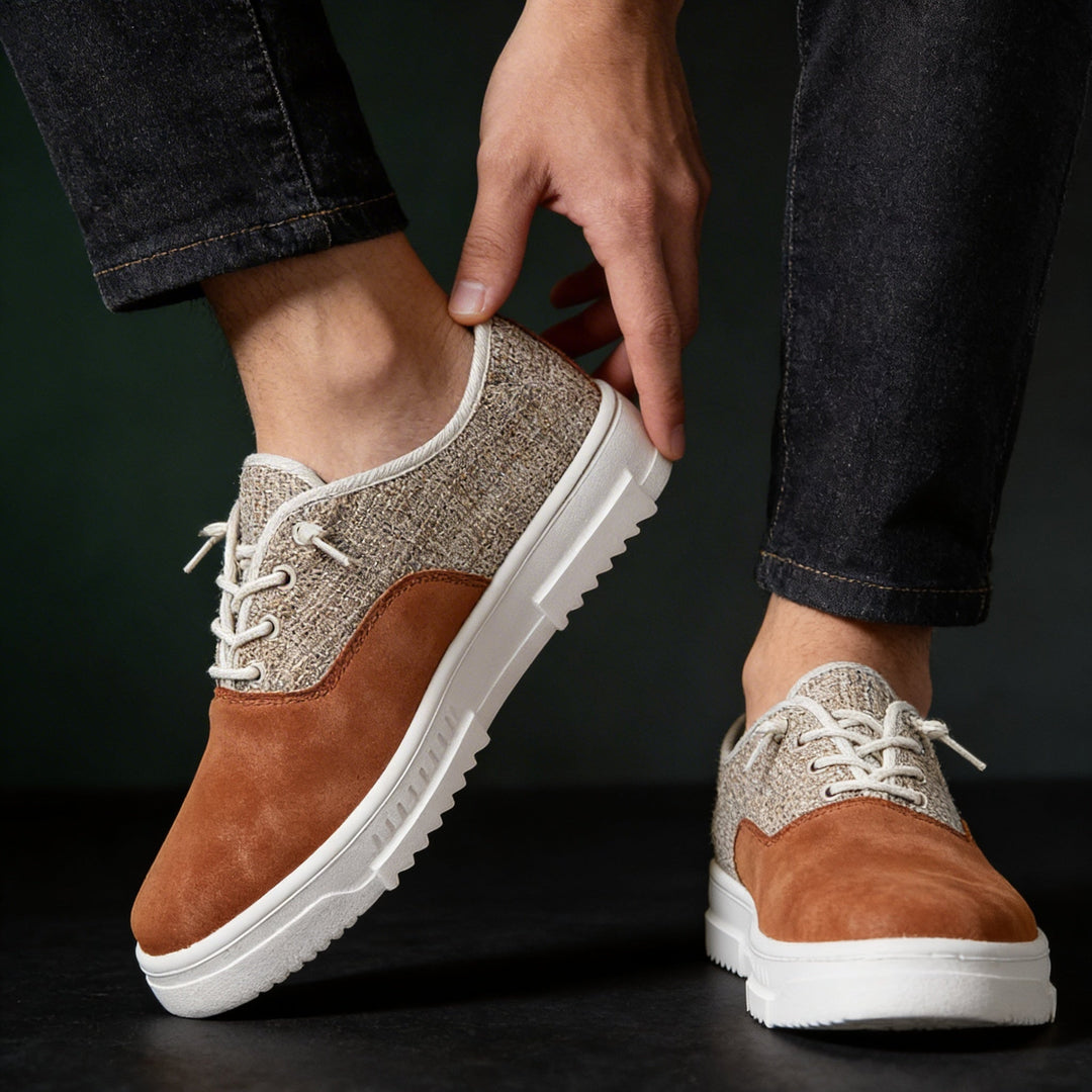 Close-up of the unique distinctive pattern on comfortable unisex casual sneakers.