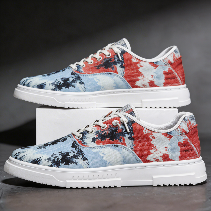 Person wearing unisex comfort sneakers with a distinctive pattern, perfect for everyday style.