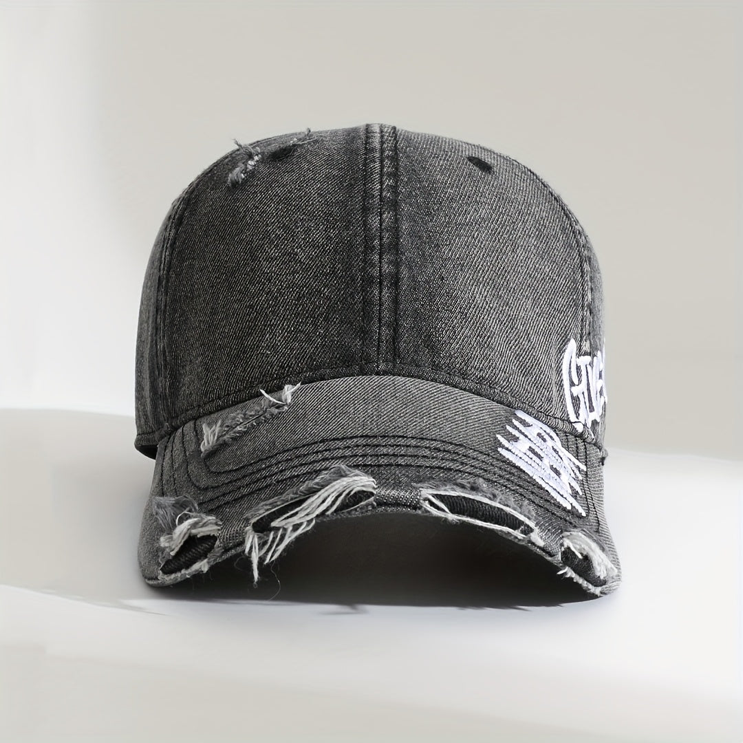 Adjustable unisex denim baseball cap. Washed finish, distressed details, motivational "Never Give Up" phrase.