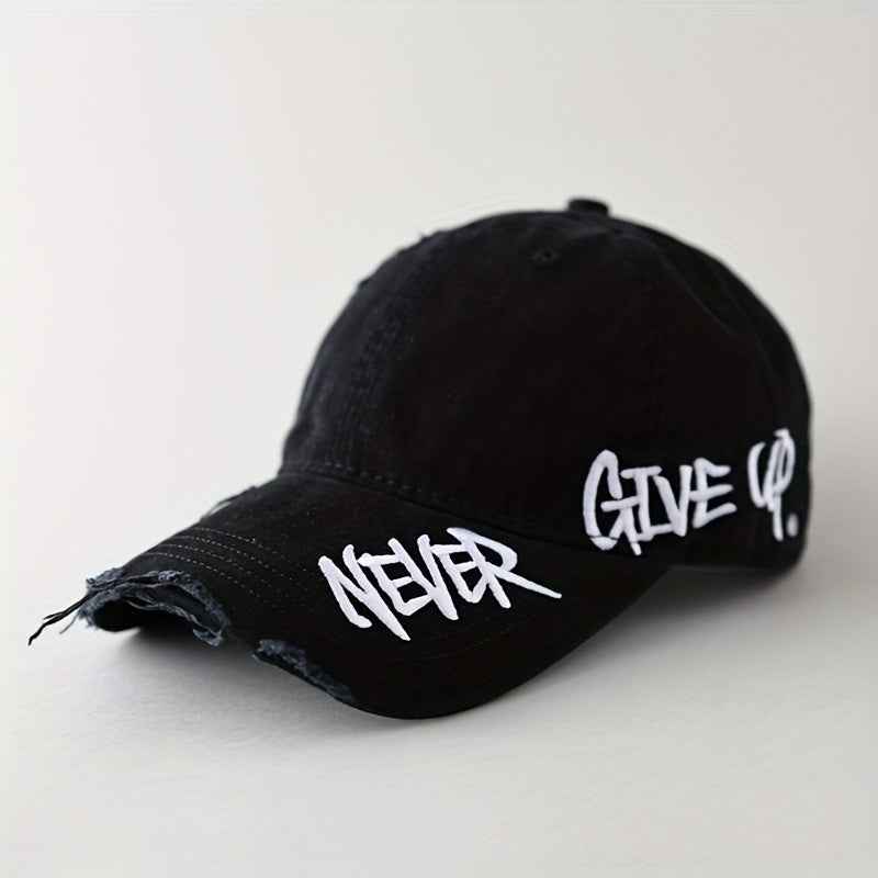 Frayed edge, distressed denim cap. Unisex "Never Give Up" baseball hat, adjustable for casual street style.