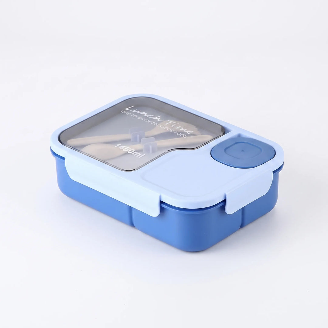 Healthy school lunch bento box, divided into 3 sections with utensils. Perfect for kids' varied meals.