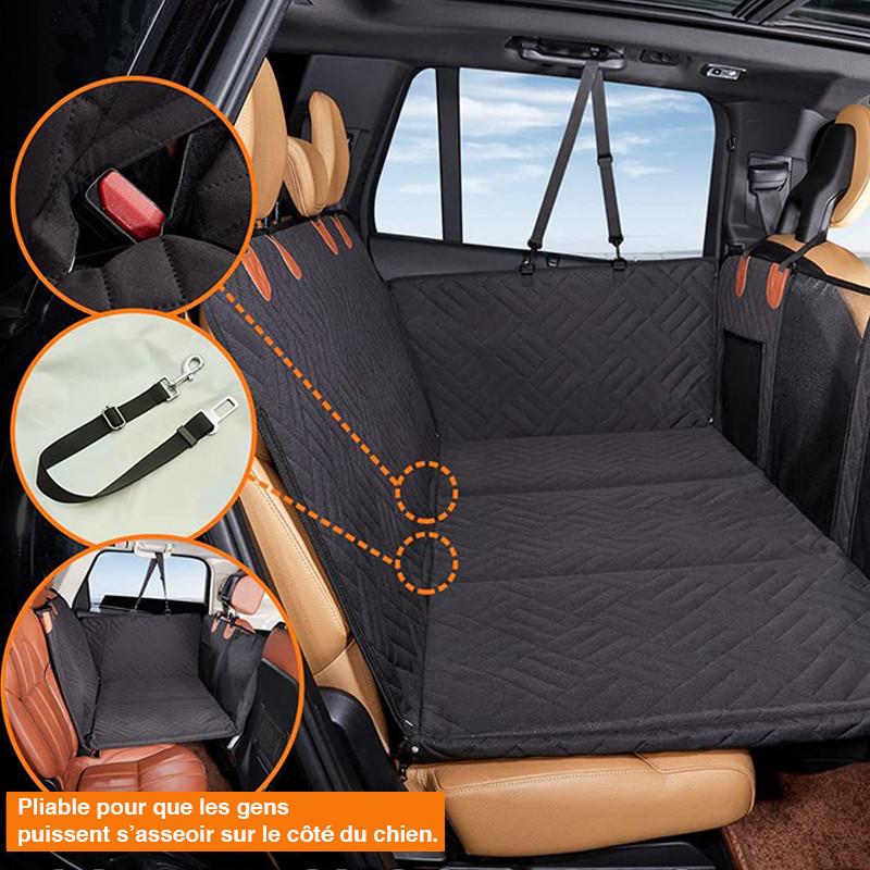 Dog car seat cover & hammock with side flaps. Offers waterproof vehicle protection for back seats.