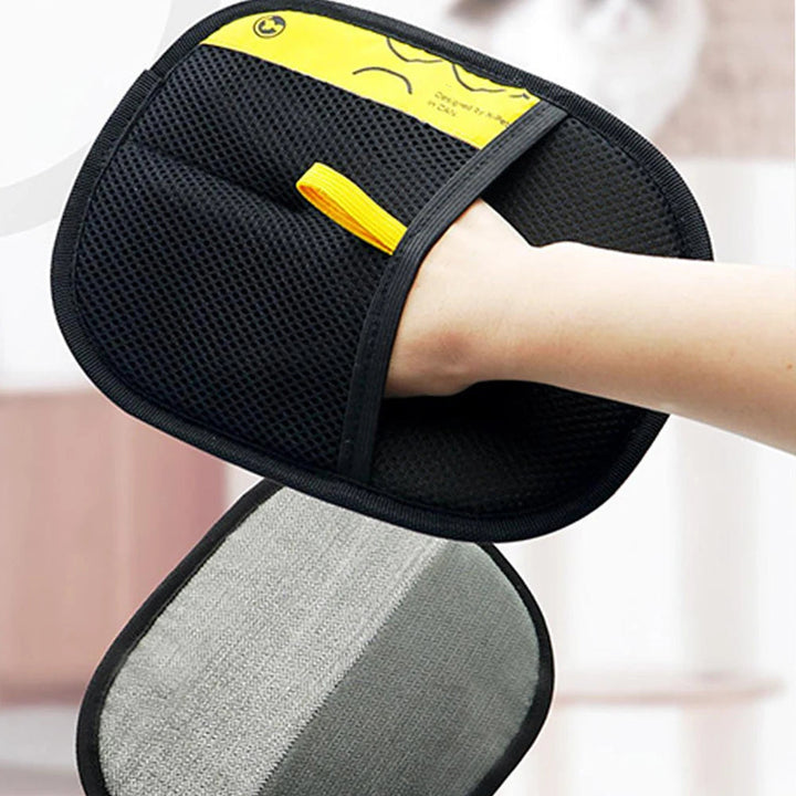 Unisex double-sided pet grooming gloves for effective hair removal & deshedding for cats & dogs.