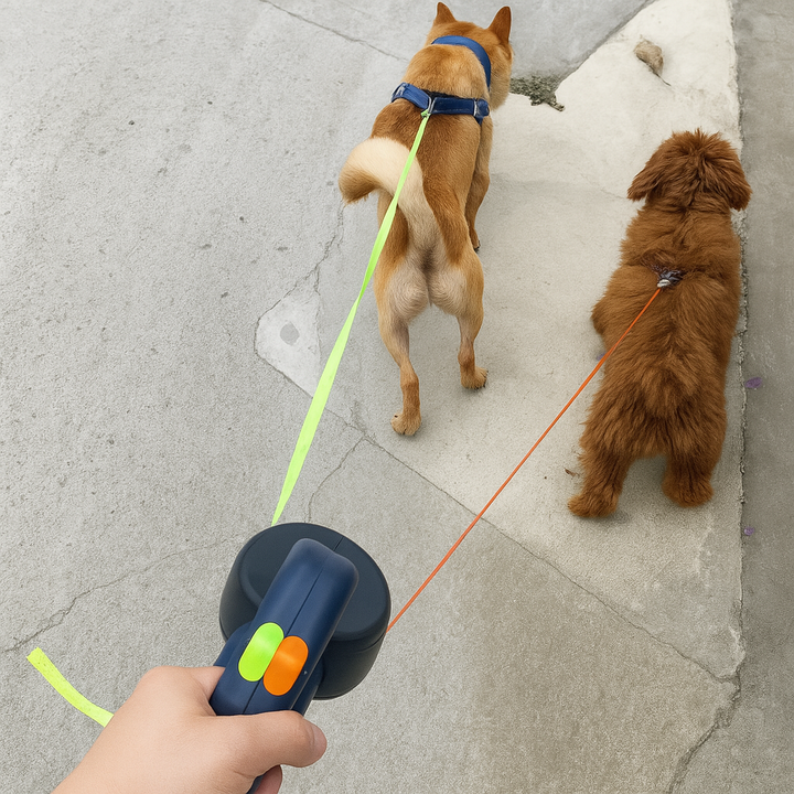 Unisex dual retractable dog leash with 360° swivel for tangle-free walking two dogs. Reflective for safety.