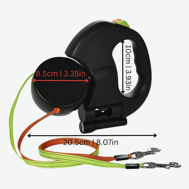 Black dual retractable dog leash with ergonomic handle & 360° swivel, perfect for walking two dogs safely.
