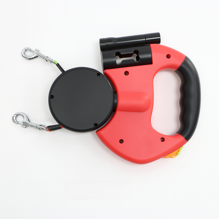 Durable dual retractable dog leash with reflective strips & 360° swivel. Essential pet supplies for two dogs.