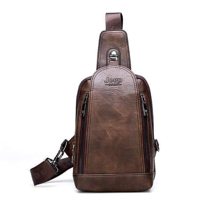 Large capacity leather sling bag, suited for hiking and daily travel, in a classic unisex style