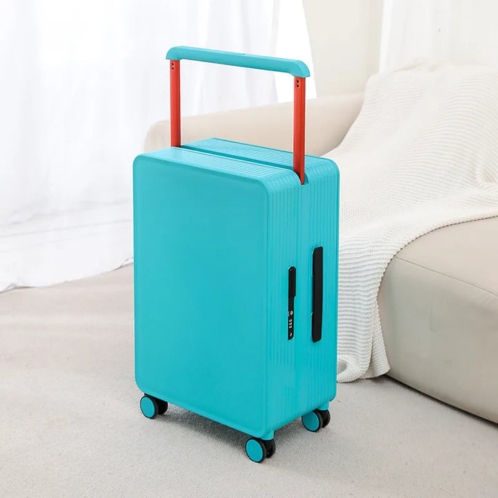 Impact-resistant PP hard shell travel suitcase, durable and light, with spinner wheels.