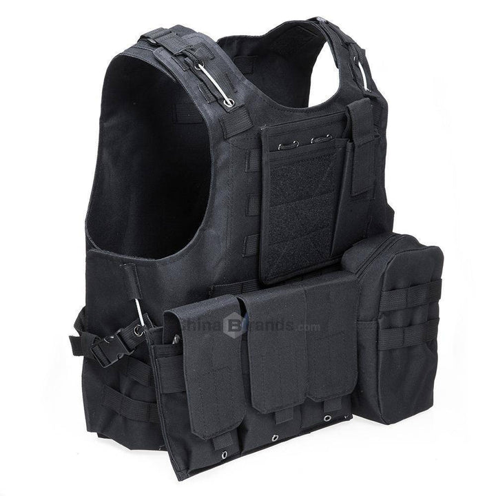Front detail of MOLLE webbing & hook-and-loop panel on a black tactical plate carrier vest