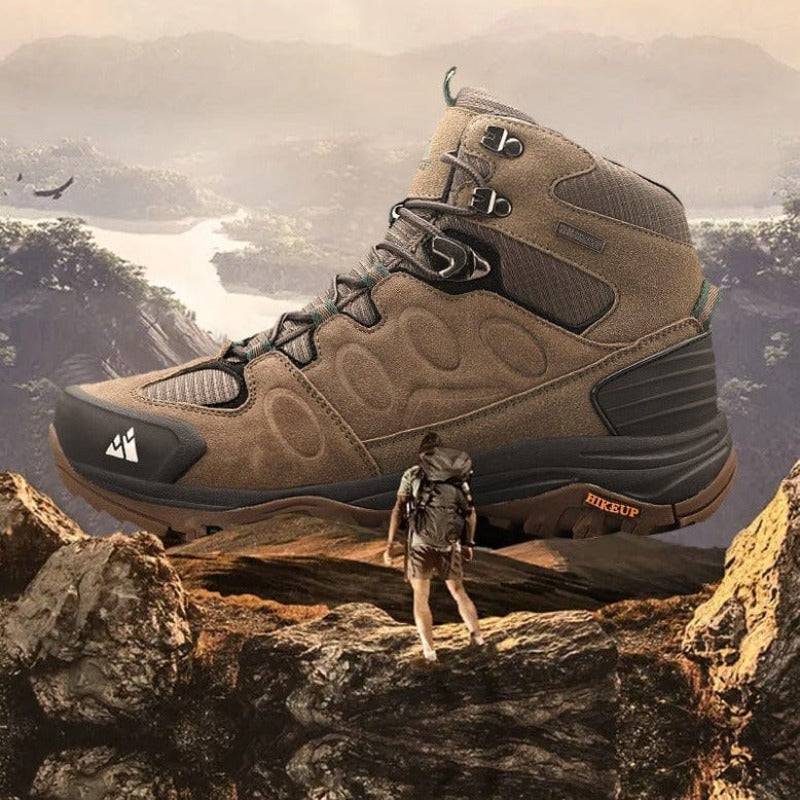 Unisex durable outdoor trekking hiking sneakers, brown suede with black accents, lace-up design, side view