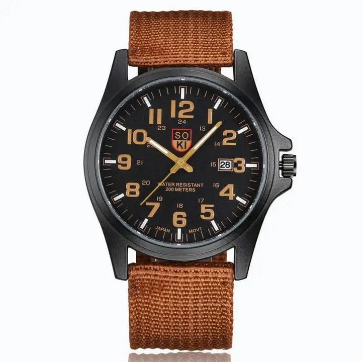 Side view of a rugged sport watch, highlighting its durable strap and robust casing for outdoor use.