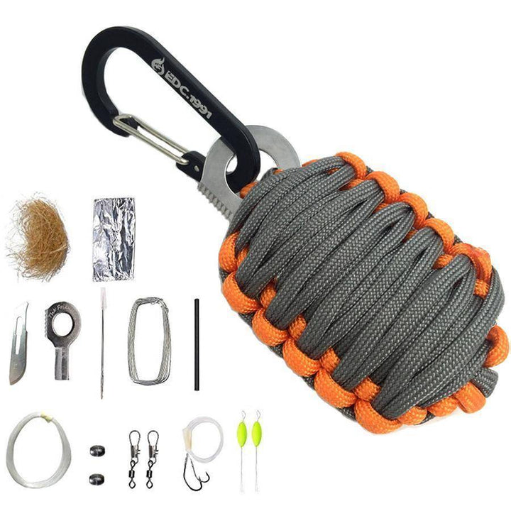 Outdoor equipment: Unisex EDC survival kit with fire starter, fishing kit, and paracord.