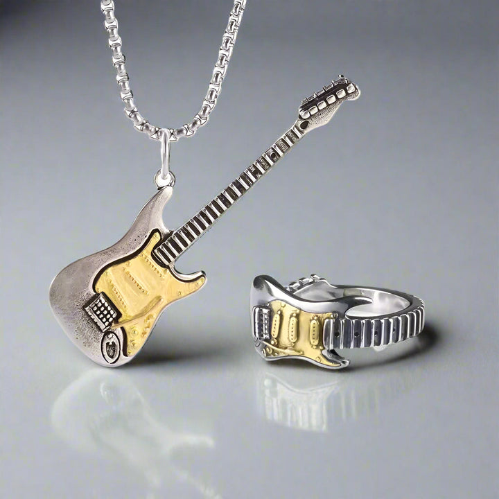 Detailed electric guitar pendant & adjustable ring. Unisex musical statement jewelry for rock music fans.