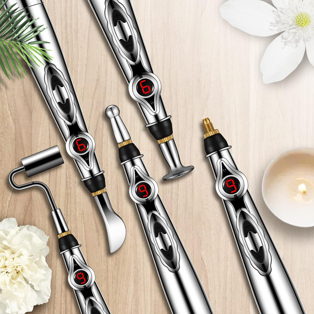 Electric acupuncture pen for home pain relief. Meridian therapy massager for muscle tension.